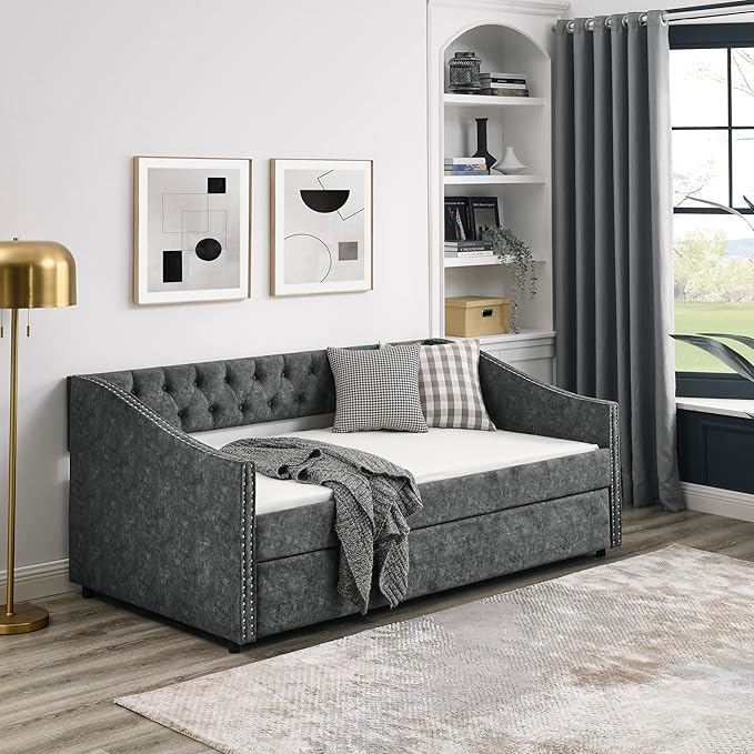 RITSU Twin Size Daybed Pull Out Upholstered, with Casters，Tufted Buttons on Back, Wooden Frame Sofa Bed, Copper Nail on Waved Shape Arms, for Bedroom, Living Room, 80.50, Grey-2 - LeafyLoom