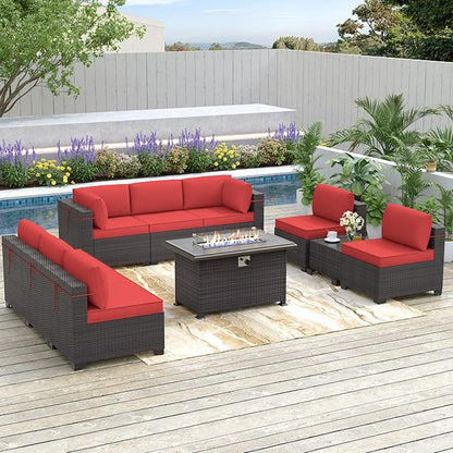 Patio Furniture Sectional Sofa 10 Pieces PE Rattan Patio Conversation Set w/43in Gas Fire Pit Table, Outdoor Furniture with 55000 BTU Propane Fire Pit, Red - LeafyLoom