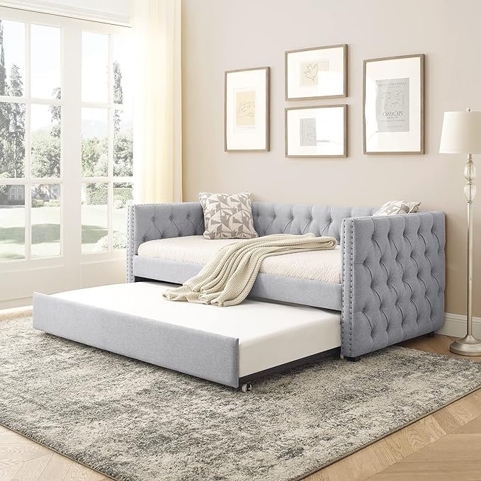 RITSU Modern Daybed with Casters, Upholstered Tufted Pull-Out Sofa Bed, Linen Solid Wood Structure, Square Arms w/Buttons and Copper Nails Accent, Suitable for Bedroom, Apartment, 85.00, Grey-2 - LeafyLoom