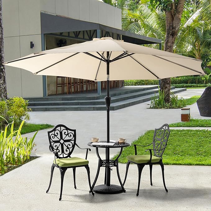 NUU GARDEN 3 Piece Outdoor Bistro Set Cast Aluminum Patio Set Bistro Table Set Rustproof Patio Table and Chairs with Umbrella Hole and Green Cushions for Backyard, Balcony, Porch, Black - LeafyLoom