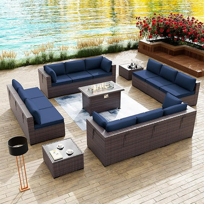 Kullavik 15PCS Outdoor Patio Furniture Set with 43" 55000BTU Gas Propane Fire Pit Table PE Wicker Rattan Sectional Sofa Patio Conversation Sets,Dark Blue - LeafyLoom