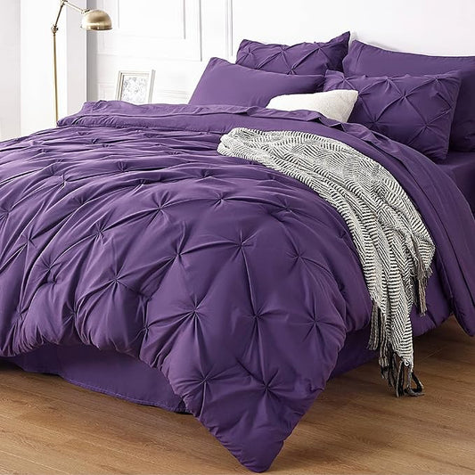 Bedsure Purple Comforter Set Queen - Bed in a Bag Queen 7 Pieces, Pintuck Bedding Sets Purple Bed Set with Comforter, Sheets, Pillowcases & Shams - LeafyLoom