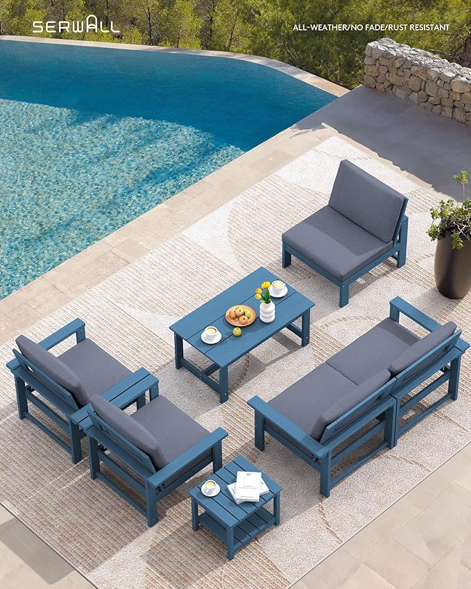 SERWALL HDPE Patio Coversation Set, 7-piece Outdoor Sectional Sofa Set, All Weather Patio Couch Set Patio Furniture for Balcony, Deck, Navy Frame with Grey Cushion - LeafyLoom