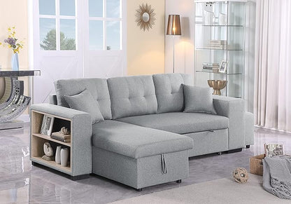 RITSU Reversible Sectional Sofa with Pull Out Loveseat Sleeper Bed Storage Space and 2 Stools, Corner Couch with Side Cabinets, Suitable for Living Room, Apartment Light Gray, 95.27inch - LeafyLoom