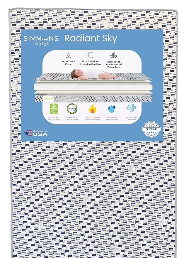 Delta Children Perry 6-in-1 Convertible Crib - Greenguard Gold Certified, Bianca White + Simmons Kids Radiant Sky Dual Sided Baby Crib Mattress and Toddler Mattress (Bundle) - LeafyLoom