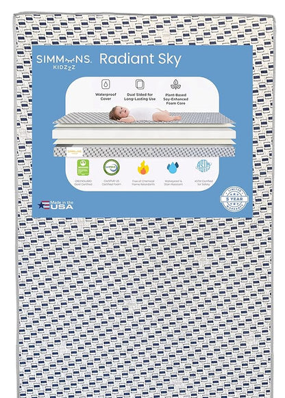 Delta Children Perry 6-in-1 Convertible Crib - Greenguard Gold Certified, Moonstruck Grey + Simmons Kids Radiant Sky Dual Sided Baby Crib Mattress and Toddler Mattress (Bundle) - LeafyLoom