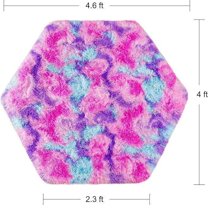 junovo Ultra Soft Hexagon Rug Fluffy Rainbow Nursery Rug for Princess Tent Kids Play Castle, Furry Hexagonal Carpet for Kids Girls Room Playhouse Classroom Dorm Home Decor, 4.6ft Tie-Dye Hot-Pink - LeafyLoom