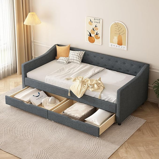 Twin Size Daybed with 2 Drawers, Upholstered Tufted Sofa Bed with Button on Back and Piping on Waved Shape Arms for Bedroom, Apartment, Living Room, Wooden Slats Support, Dark Grey - LeafyLoom