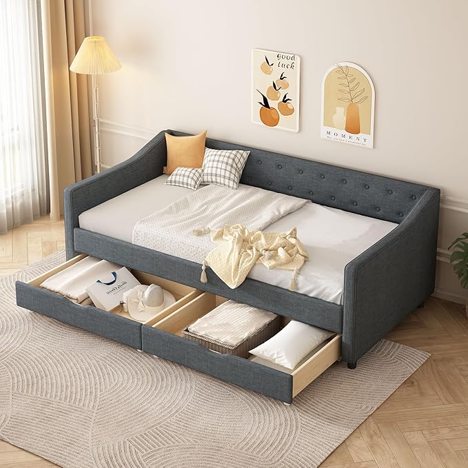 Twin Size Daybed with Drawers, Linen Upholstered Tufted Sofa Bedframe with Button on Back, Waved Shape Arms, Wooden Slats Support, for Apartment,Bedroom - LeafyLoom