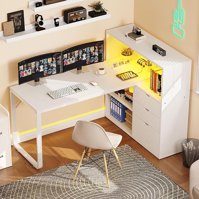 YITAHOME L Shaped Desk with Power Outlets & LED Lights & File Cabinet, 55" Corner Computer Desk with 3 Drawers & 3 Storage Shelves, Home Office Desk with Bookshelf, White - LeafyLoom