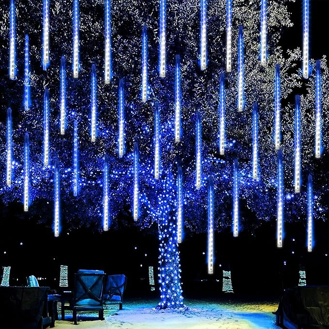 Dazzle Bright 288 LED Christmas Light, 11.8 Inch Meteor Shower Rain Lights with 8 Tubes，Waterproof Plug in Falling Rain Lights Christmas Decorations for Xmas Bushes Tree Yard Party, Blue and White DazzleBright