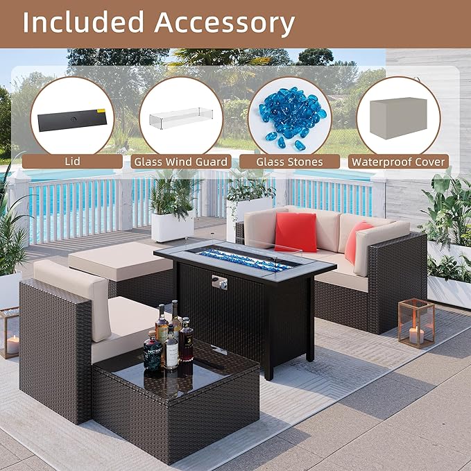 Shintenchi 5 Pieces Patio Furniture Sets w/45 inch Fire Pit Table, Outdoor Conversation Set w/50,000 BTU Steel Gas Fire Pit, Patio Sectional Sofa Set w/Glass Table &Ottoman - LeafyLoom