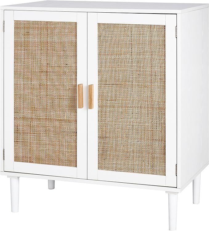 Finnhomy Sideboard Buffet Storage Liquor Cabinet with Rattan Decorated Doors, Kitchen, Dining Room, Hallway, Cupboard Console Table, Accent Cabinet, 31.5X 15.8X 34.6 Inches, White - LeafyLoom