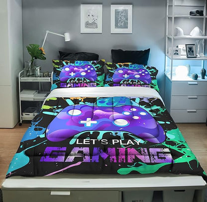 Sunnycitron Gaming Comforter sets for Boys Bedding Sets Kids Bed Comforter Set Gamer Bedding with Comforter Queen size Boys Teen Gamer Gamepad Comforter Set for Gaming bed,1Comforter 2Pillowcases - LeafyLoom