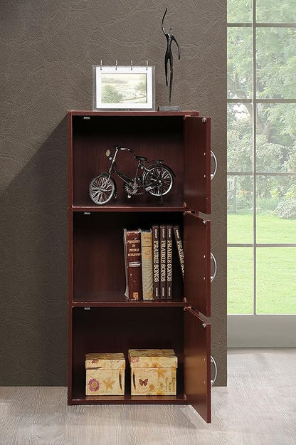 HODEDAH 3 Door Bookcase Cabinet, Mahogany - LeafyLoom