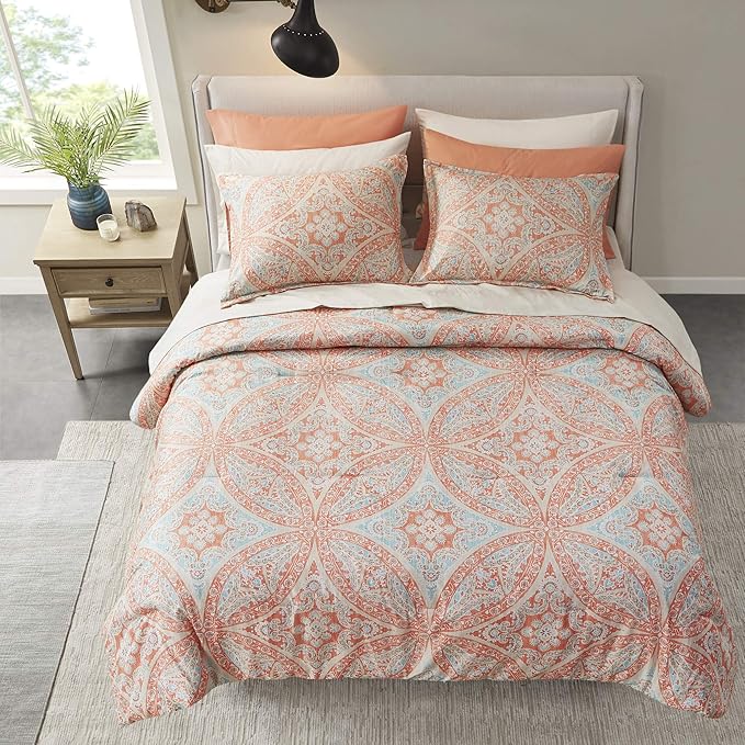 Comfort Spaces Bed in A Bag - Trendy Casual Design Cozy Comforter with Complete Sheet Set with Side Pocket, All Season Cover, Matching Shams, King(104"x90"), Gloria, Damask Coral 9 Piece - LeafyLoom