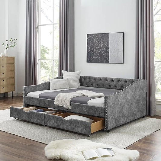 Full Size Daybed with 2 Storage Drawers,Linen Upholstered Sofa Bed W/Button on Back & Copper Nail on Waved Shape Armrests,No Spring Box Need,Wood Bedframe for Living Room Bedroom Dorm,Grey - LeafyLoom