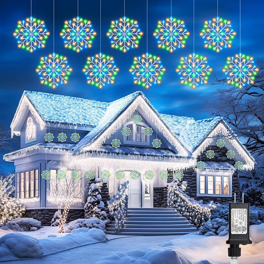 Christmas Snowflake Icicle Lights Outdoor - Plug-in 23.6ft 10 Drops 480LED Snowflake Window Lights, Connectable for Indoor Outdoor Porch Eaves Rooftops Canopy Christmas Decoration, Multicolor Brightown