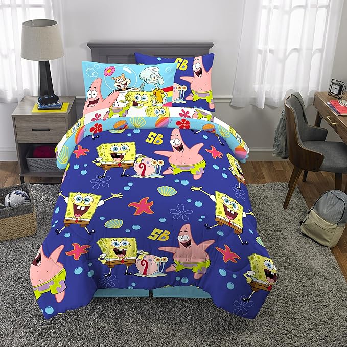 Franco Kids Bedding Super Soft Comforter and Sheet Set with Sham, 5 Piece Twin Size, Spongebob Squarepants - LeafyLoom