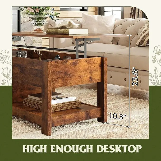 WLIVE Coffee Table, 47" Lift Top Coffee Table with Hidden Compartment and 2 Storage Shelves for Living Room, Rustic Brown - LeafyLoom