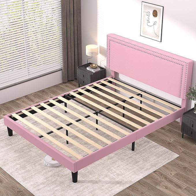 VECELO Queen Size Platform Bed Frame with Height Adjustable Upholstered Headboard, Modern Mattress Foundation,Strong Wood Slat Support, No Box Spring Needed, Easy Assembly - LeafyLoom