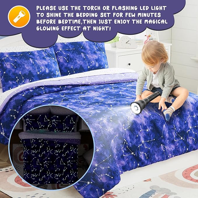 Comforter Set with Bedding - 5 Pieces Twin Bed in a Bag with Comforter, Sheets, Pillowcase & Sham - Glow in The Dark Galaxy - LeafyLoom