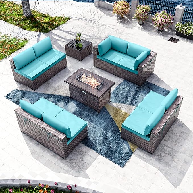 Kullavik 10 Pieces Outdoor Patio Furniture Set with 43" Gas Propane Fire Pit Table PE Wicker Rattan Sectional Sofa Patio Conversation Sets,Blue - LeafyLoom