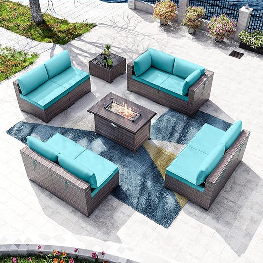 Kullavik 10 Pieces Outdoor Patio Furniture Set with 43" Gas Propane Fire Pit Table PE Wicker Rattan Sectional Sofa Patio Conversation Sets,Blue - LeafyLoom