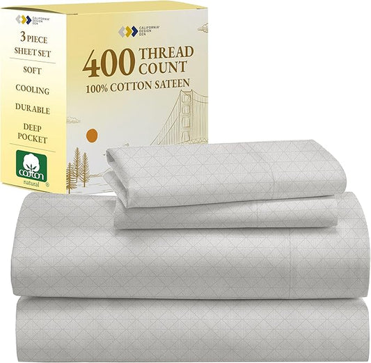 California Design Den Extra Long Twin Sheets, 400 Thread Count, 100% Cotton Sateen 3 Pc Deep Pocket Twin XL Sheets & Pillowcase Set (Taupish-Sage Crosshatch) - LeafyLoom