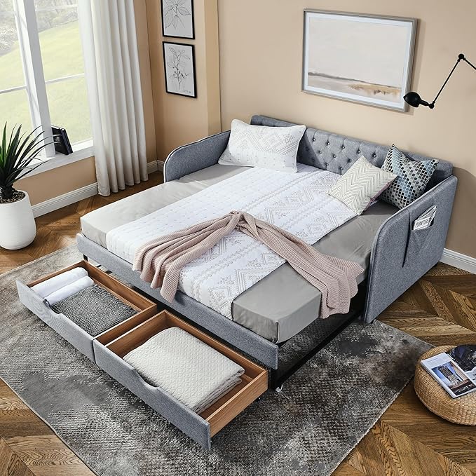 Twin Size Upholstery Daybed with Trundle Bed and 2 Storage Drawers, Flat Arms w/Pocket, Linen Extendable Bedframe for Bedroom Living Room, No Box Spring Needed & Space-Saving Design, Grey - LeafyLoom