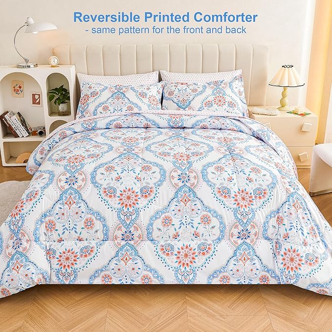 Printed Queen Bedding Sets with Comforter and Sheets, Lightweight Boho Floral 7 Piece Bed in A Bag Comforter Set for Women, Pink and Blue Mandala Flower Pattern - LeafyLoom