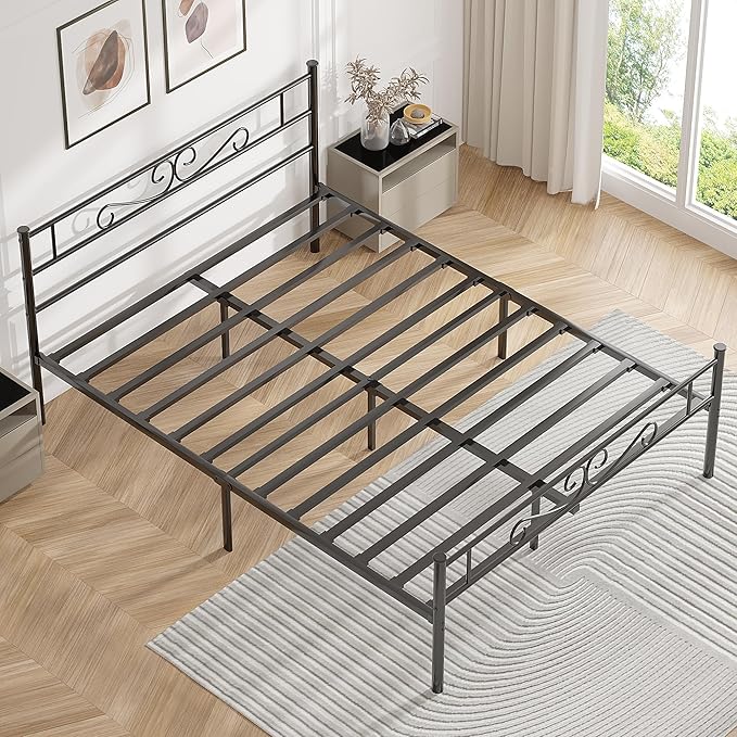 VECELO Full Size Bed Frame with Headboard, 14 Inch Metal Platform Mattress Foundation, No Box Spring Needed, Squeak Resistant, Easy Assembly, Matte Black - LeafyLoom