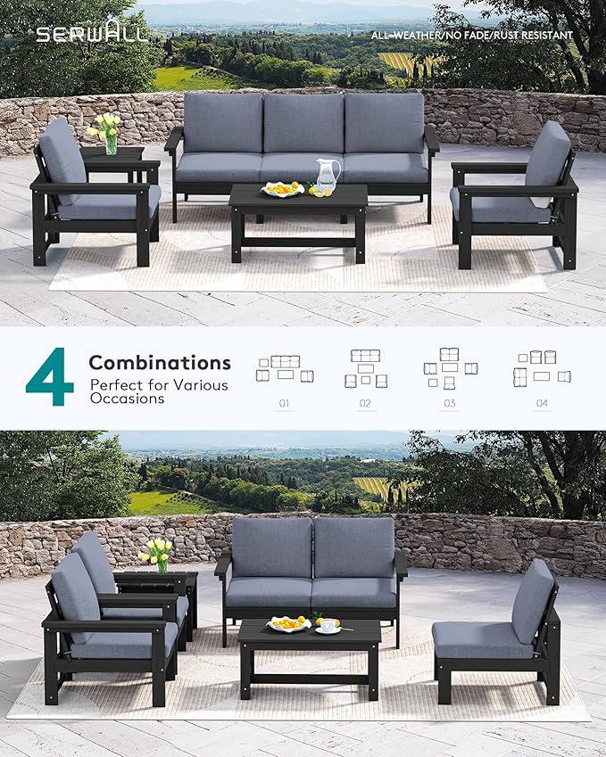 SERWALL HDPE Patio Coversation Set, 7-piece Outdoor Sectional Sofa Set, All Weather Patio Couch Set Patio Furniture for Balcony, Deck, Black Frame with Grey Cushion - LeafyLoom