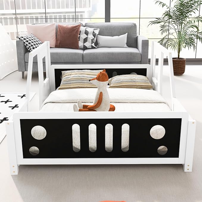 Full Size Classic Car-Shaped Platform Bed with Wheels,Wooden Floor Bedframe W/Door Design,Fun Play Toy Car Furniture for Boys Kids Toddlers Child's Bedroom,White - LeafyLoom