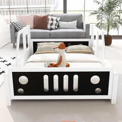 Full Size Classic Car-Shaped Platform Bed with Wheels,Wooden Floor Bedframe W/Door Design,Fun Play Toy Car Furniture for Boys Kids Toddlers Child's Bedroom,White - LeafyLoom