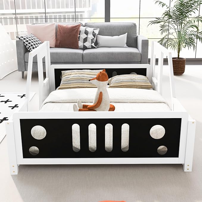 Full Size Floor Bed for Kids, Race Car-Shaped Wooden Platform Montessori Bed Frame with Guardrail and Door for Boys Girls Child's Bedroom, Slats Included, No Spring Need (White) - LeafyLoom