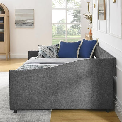 Full Size Daybed with Two Storage Drawers, Linen Upholstered Tufted Sofa Bed w/Button on Back and Copper Nail on Waved Shape Arms, for Bedroom Living Room, No Box Spring Needed, Dark Grey - LeafyLoom