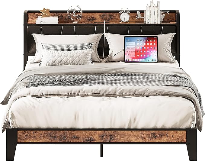 LIKIMIO Full Size Bed Frame, Storage Headboard with Charging Station, Solid and Stable, Noise Free, No Box Spring Needed, Easy Assembly (Vintage and Black) - LeafyLoom