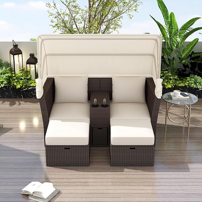 2-Seater Outdoor Patio Convertible Sunbed, All Weather Rattan Double Daybed Couch Foldable Awning, Cushions and Storage Boxes, Loveseat Sofa Set for Garden, Poolside, Balcony, Ab-Beige - LeafyLoom