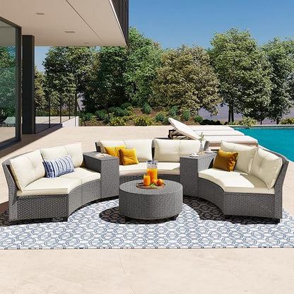 9 Pieces Outdoor Furniture Half Moon Wicker Patio Sets with Coffee Table, All-Weather Fan-Shaped Curved Sectional Sofa Couch with Beige Cushions, Onesize, Gray Rattan - LeafyLoom