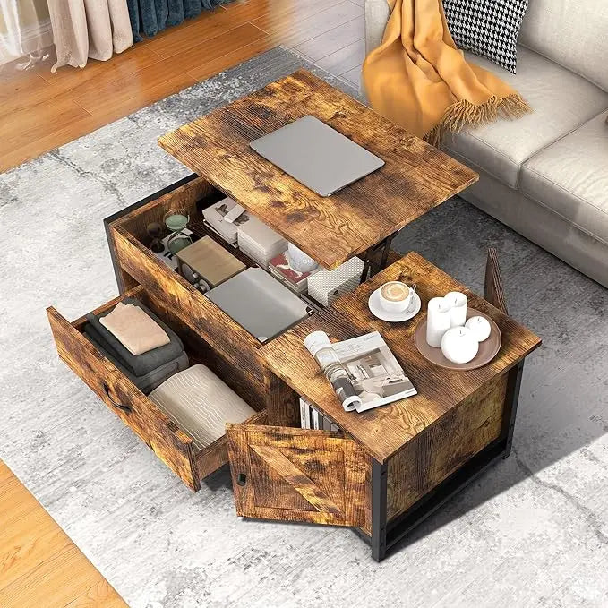 FABATO 41.7" Lift Top Coffee Table with Storage Drawer& Hidden Compartment Barn Door Cabinet Center Table Coffee Table for Living Room Farmhouse Industrial Wood (Rustic Brown2) - LeafyLoom