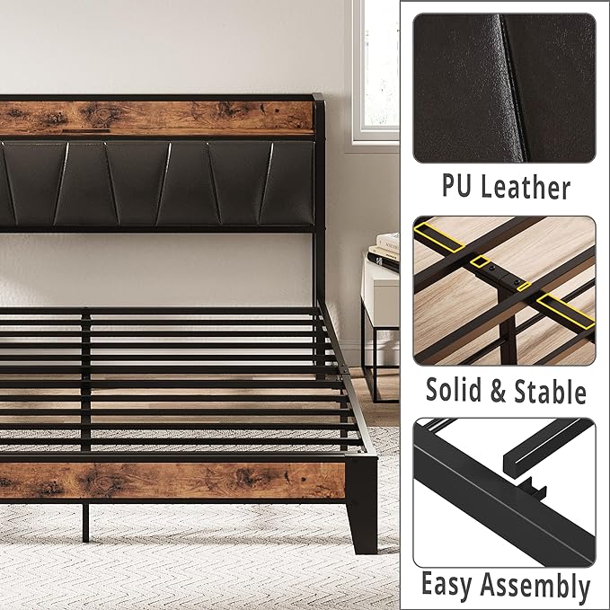 LIKIMIO Queen Bed Frame, Storage Headboard with Charging Station, Solid and Stable, Noise Free, No Box Spring Needed, Easy Assembly (Vintage and Black) - LeafyLoom