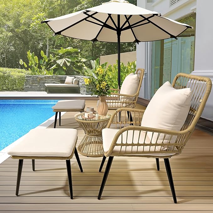 Pamapic 5 Piece Outdoor Patio Bistro Set, Conversation Sets with Ottoman, Rattan Wicker Outdoor Balcony Furniture Chairs for Poorside Garden Balcony, Cream - LeafyLoom