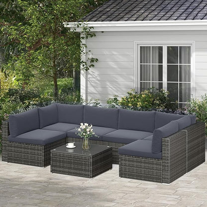 SUNVIVI OUTDOOR 7 Piece Patio Furniture Sets All Weather Gery PE Wicker Couch Sofa with Glass Table, Removable Dark Grey Cushions - LeafyLoom