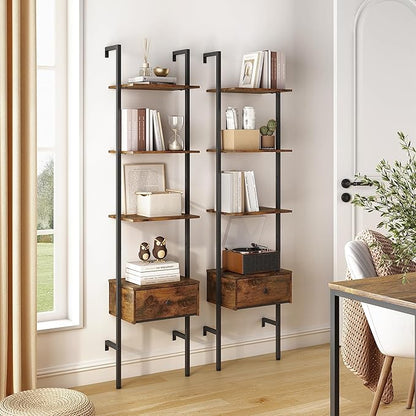 Tajsoon Ladder Shelf, Tall Bookcase with Storage Drawers, 4-Tier Wood Wall Mounted Bookshelf, Open Display Rack, Storage Shelves for Bedroom, Home Office, Collection, Plant Flower, Rustic Brown - LeafyLoom