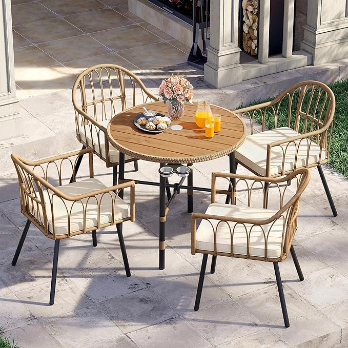 YITAHOME 5 Pieces Outdoor Patio Dining Table Chair Set,Wicker Patio Dining Set,Outdoor Rattan Dining Table Set for Patio, Backyard, Balcony, Garden (with Umbrella Hole) - LeafyLoom