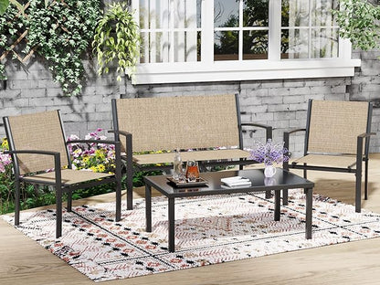 Greesum 4 Pieces Patio Furniture Set, Outdoor Conversation Sets for Patio, Lawn, Garden, Poolside with A Glass Coffee Table, Beige - LeafyLoom