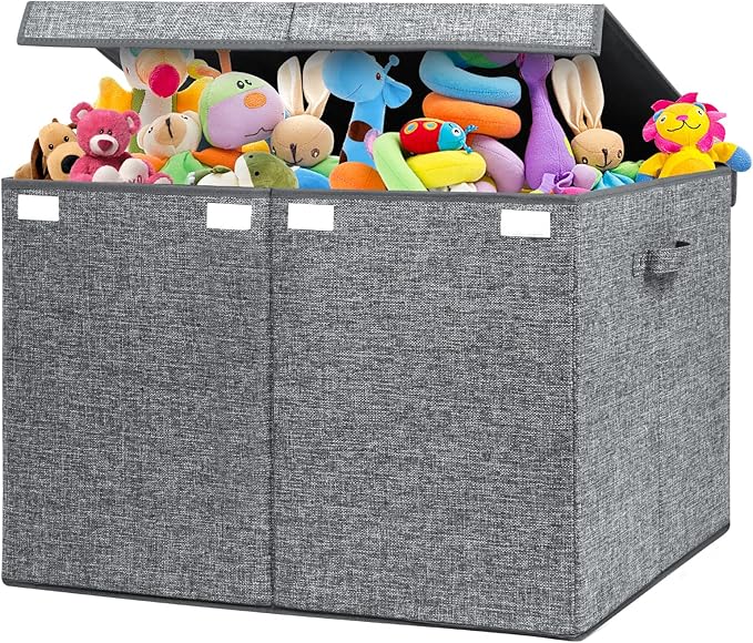 popoly 122L Large Toy Box Chest with Lid, Foldable Toy Storage Organizer Bin Boxes with Removable Divider for Kids, Boys, Girls, Nursery, Playroom, 26"x17" x17"(Linen Gray) - LeafyLoom