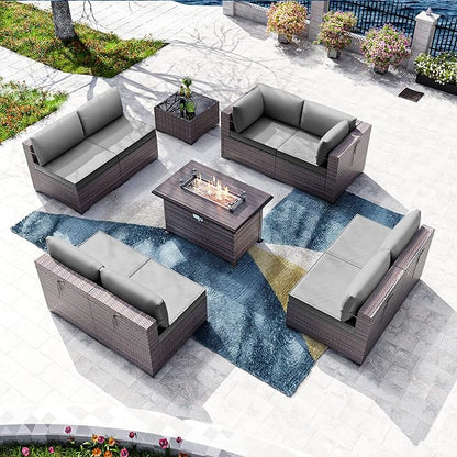 Kullavik 10 Pieces Outdoor Patio Furniture Set with 43" Gas Propane Fire Pit Table PE Wicker Rattan Sectional Sofa Patio Conversation Sets,Grey - LeafyLoom