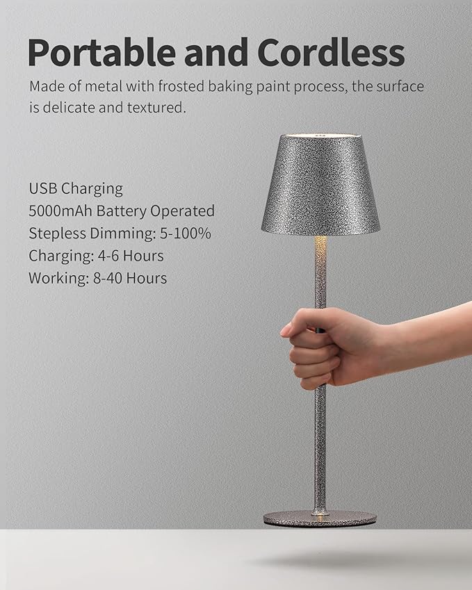 Cordless Rechargeable Table Lamp Set of 2, 5000mAh Battery Powered LED Desk Lamps, 3 Color Stepless Dimming Up, Portable Table Light Lamp for Bedroom Restaurant Outdoor (Mottled Silver) - LeafyLoom